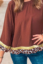 Sarah Express Women's Leopard Trim Round Neck Blouse Brown