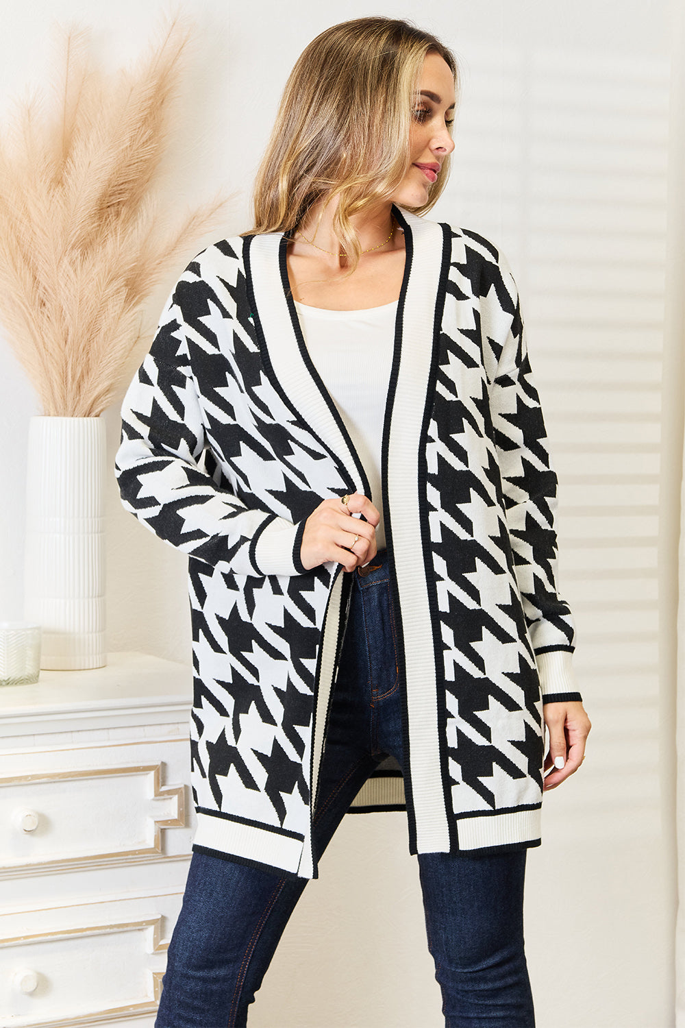 Sarah Express Women's Houndstooth Open Front Longline Cardigan - Fall/Winter Casual Outerwear