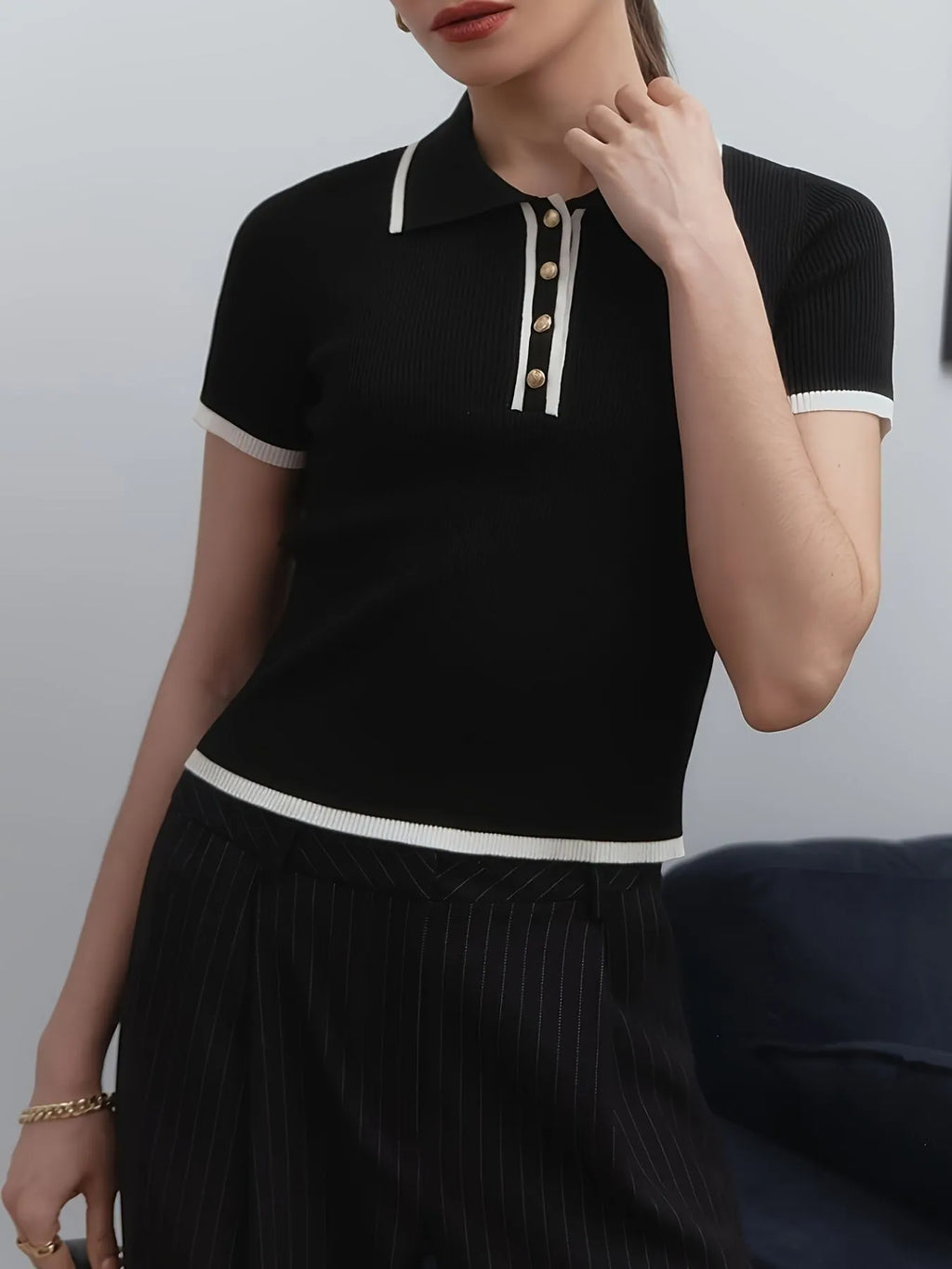 Sarah Express Women's Contrast Trim Button Detail Polo