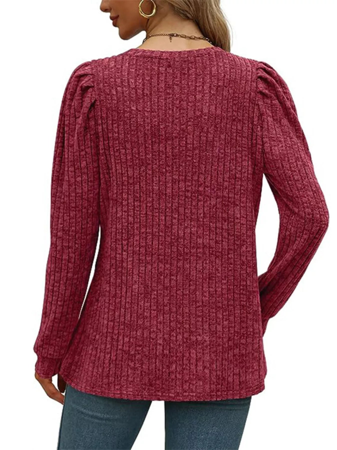 Sarah Express Women's Ribbed Knit Top with Puff Sleeves