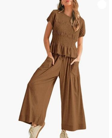 Pleated Top Wide Leg Pants 2-Piece Matching Set