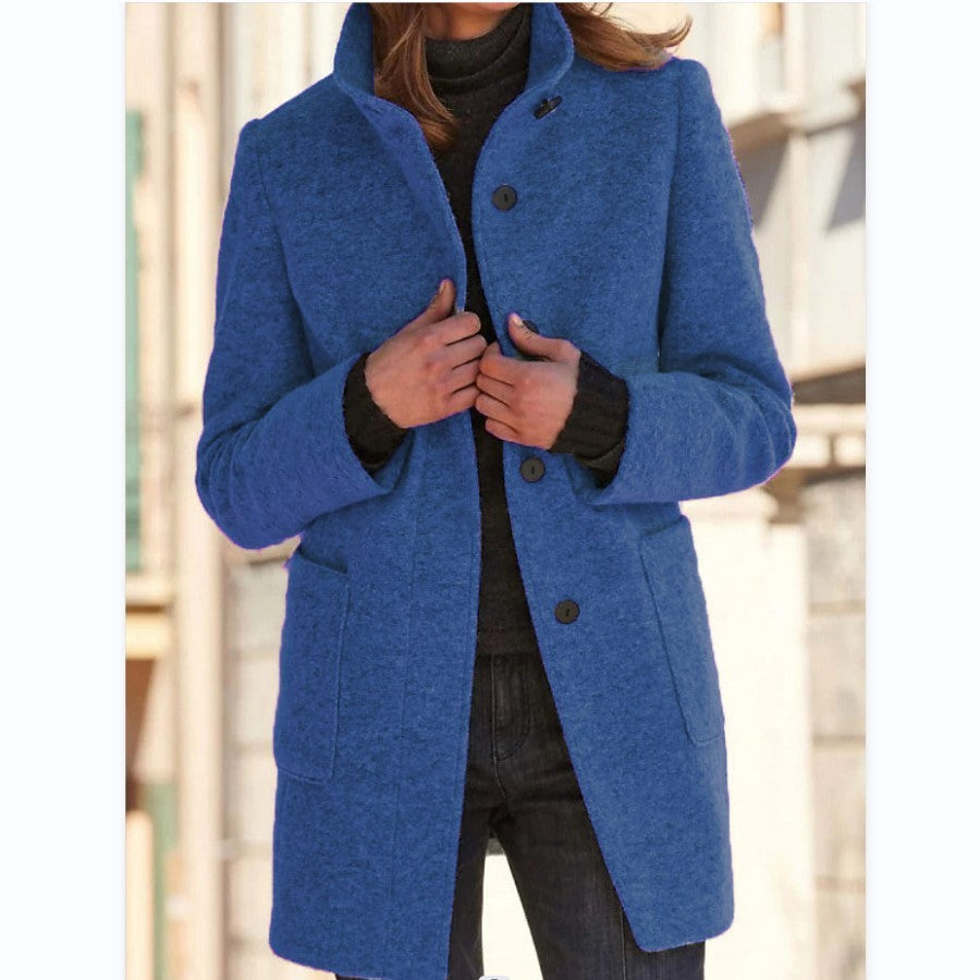 Women's Stand Collar Woolen Coat Button Front Outerwear
