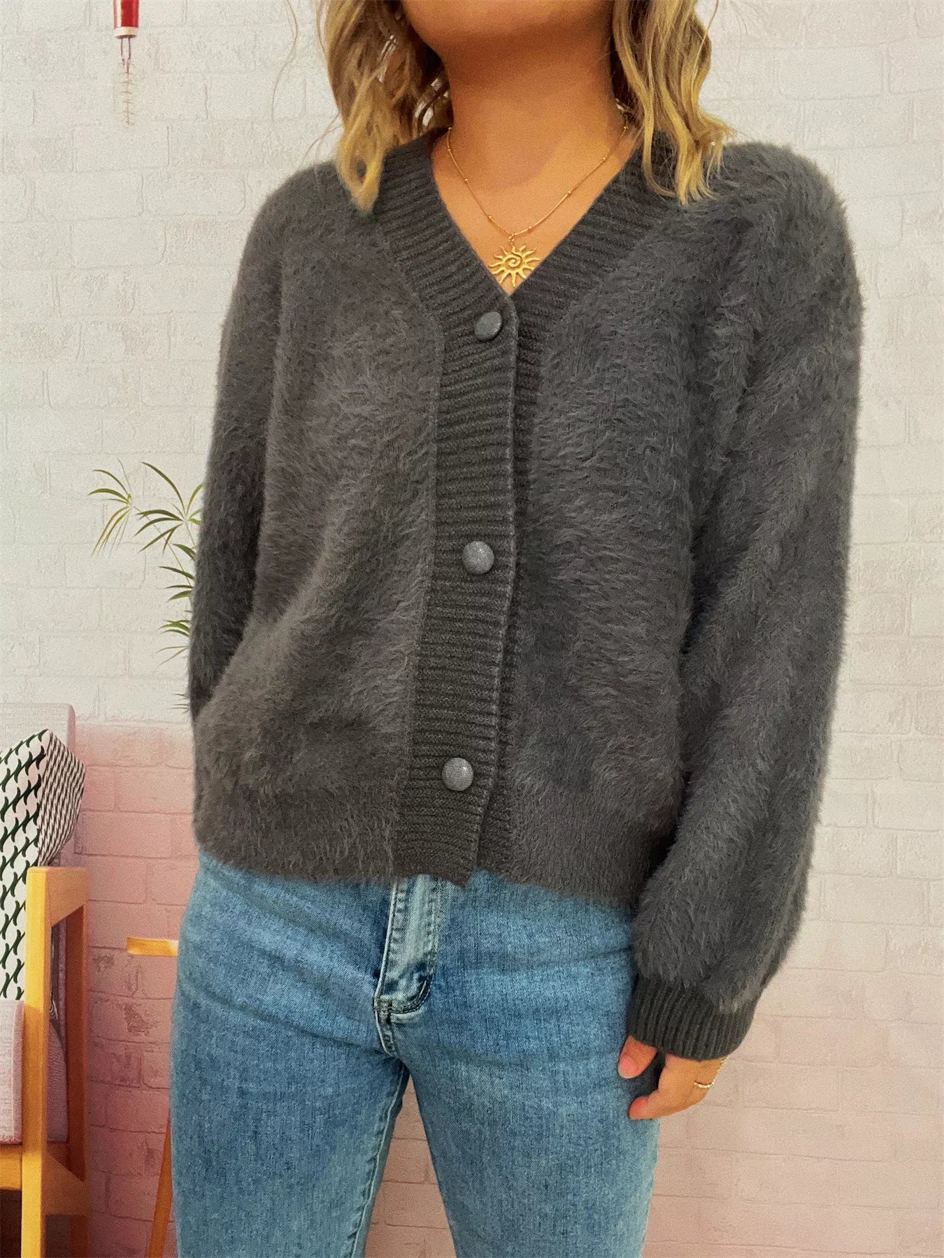 Sarah Express Women's Fuzzy Button-Up Long Sleeve Cardigan