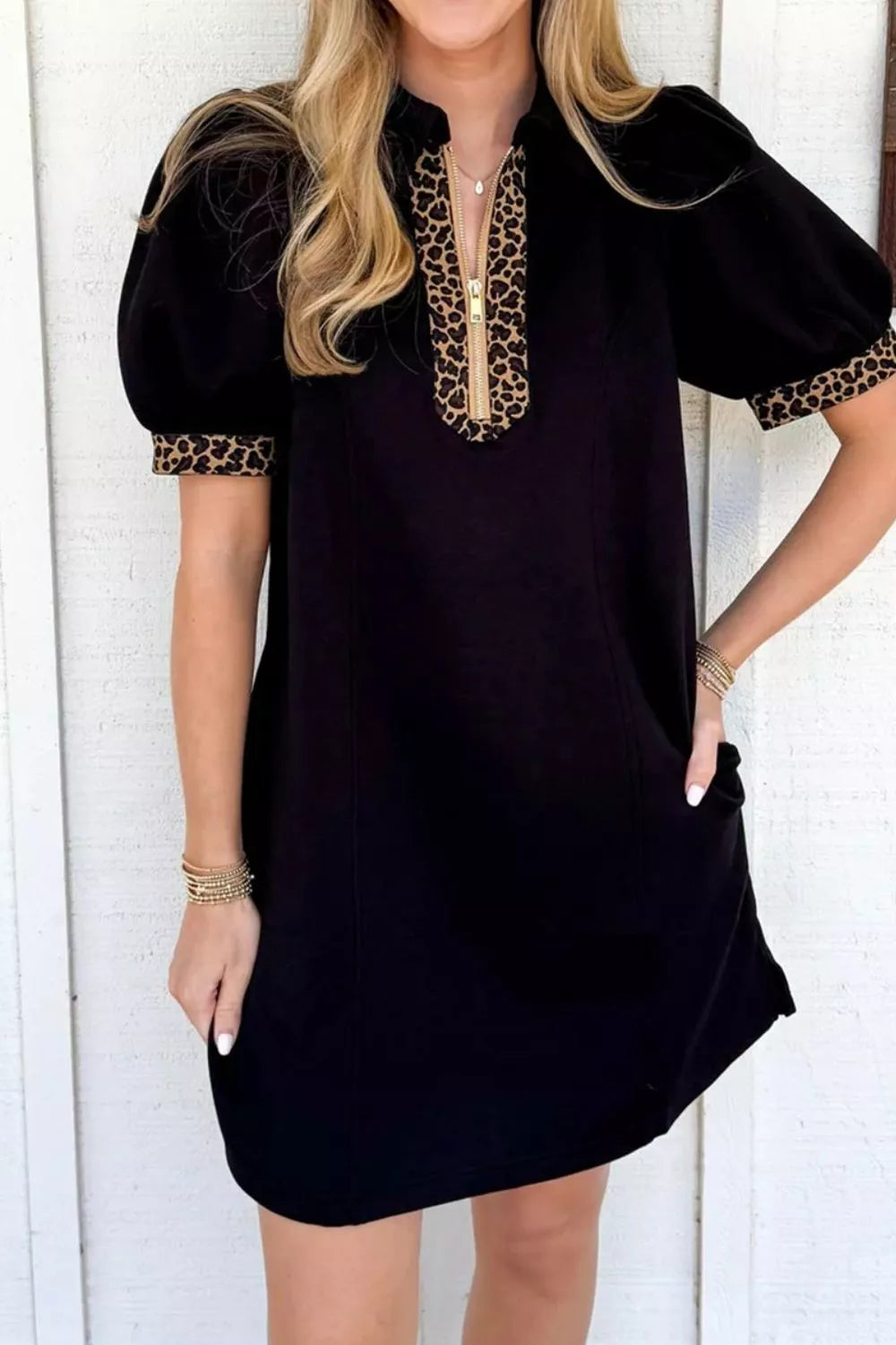 Sarah Express Women's Leopard Trim Zipper Front Mini Dress Black