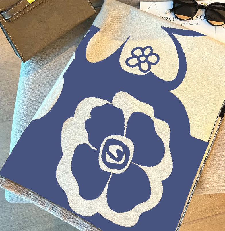 Women's Camellia Jacquard Scarf Imitation Cashmere Black Beige Elegant Winter Wrap