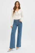 Sarah Express Women’s High Rise Wide Leg Jeans with Bow Embroidery
