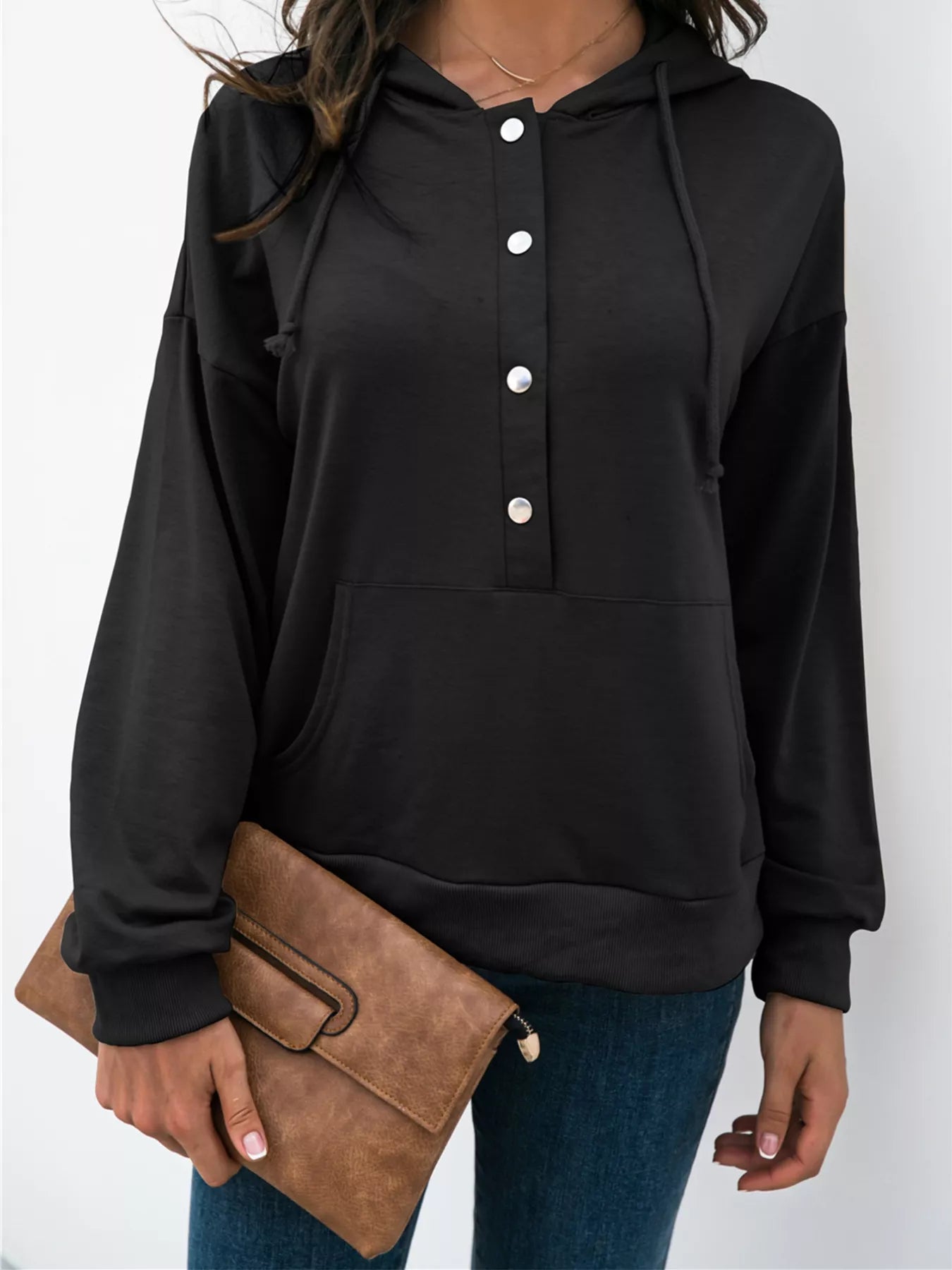 Sarah Express Women's Snap-Down Hoodie with Kangaroo Pocket Plus Size Black