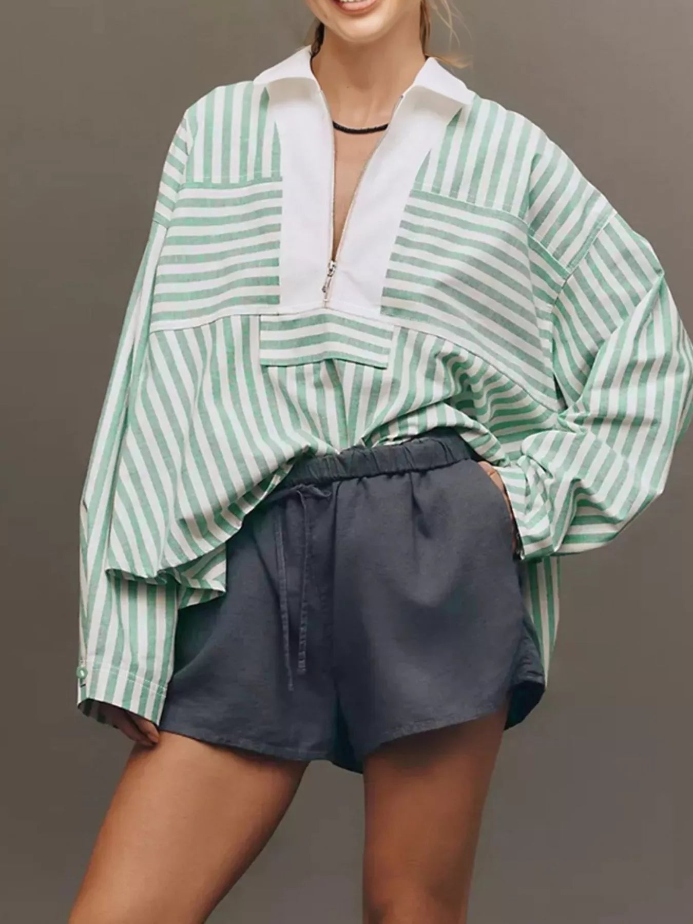 Sarah Express Women's Stripe Half Zip Long Sleeve Swing Top