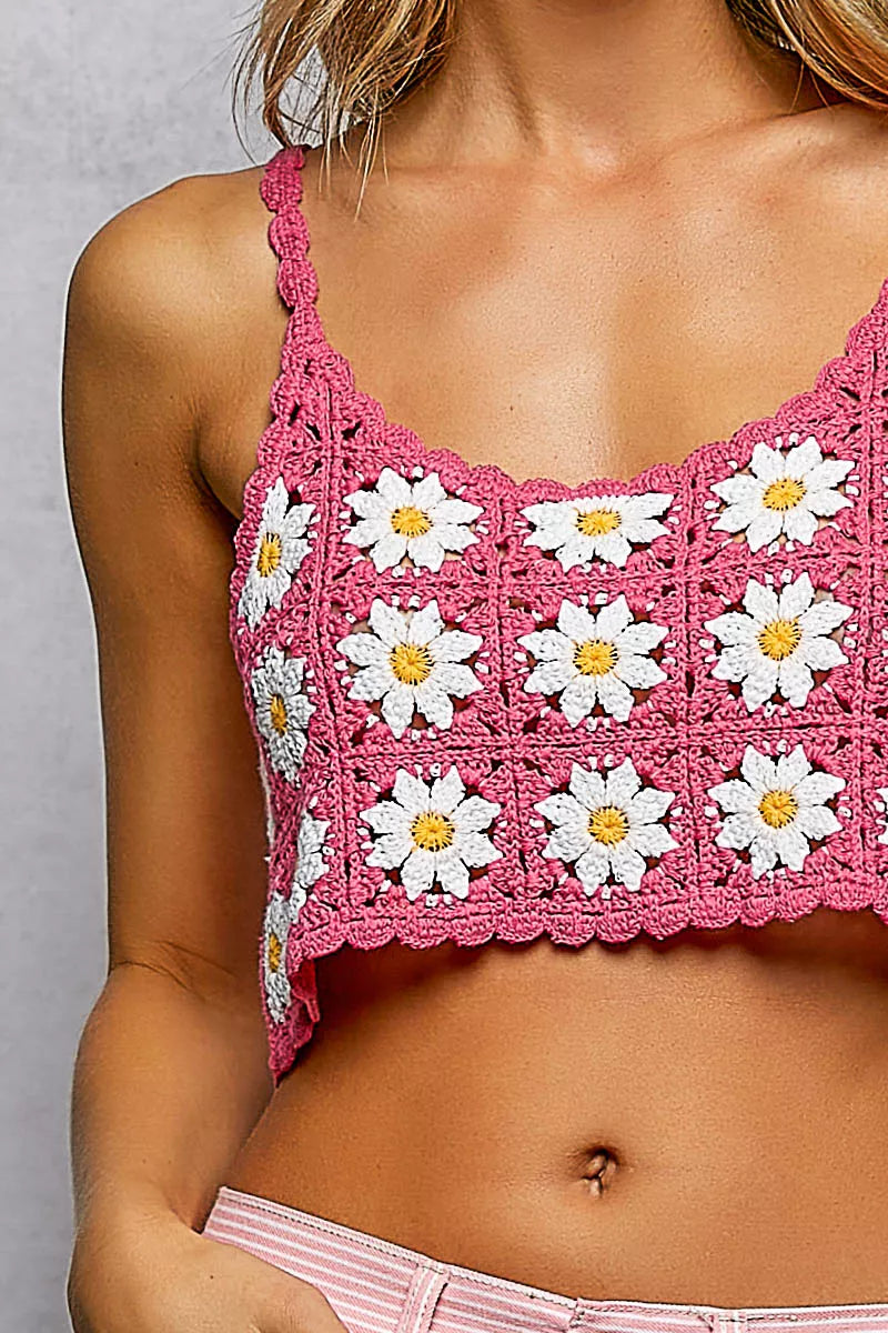 Trendsi POL Floral Pattern Crochet Cropped Cami with Scalloped Edge