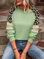 Sarah Express Women's Leopard Round Neck Raglan Sleeve Sweatshirt Grass Green