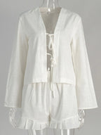 Sarah Express Women's Tie Front Long Sleeve Top and Shorts Set