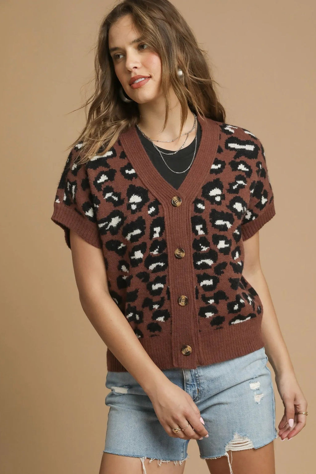 Sarah Express Women’s Leopard Print Knit Cardigan Button-Down Casual All-Season Brown