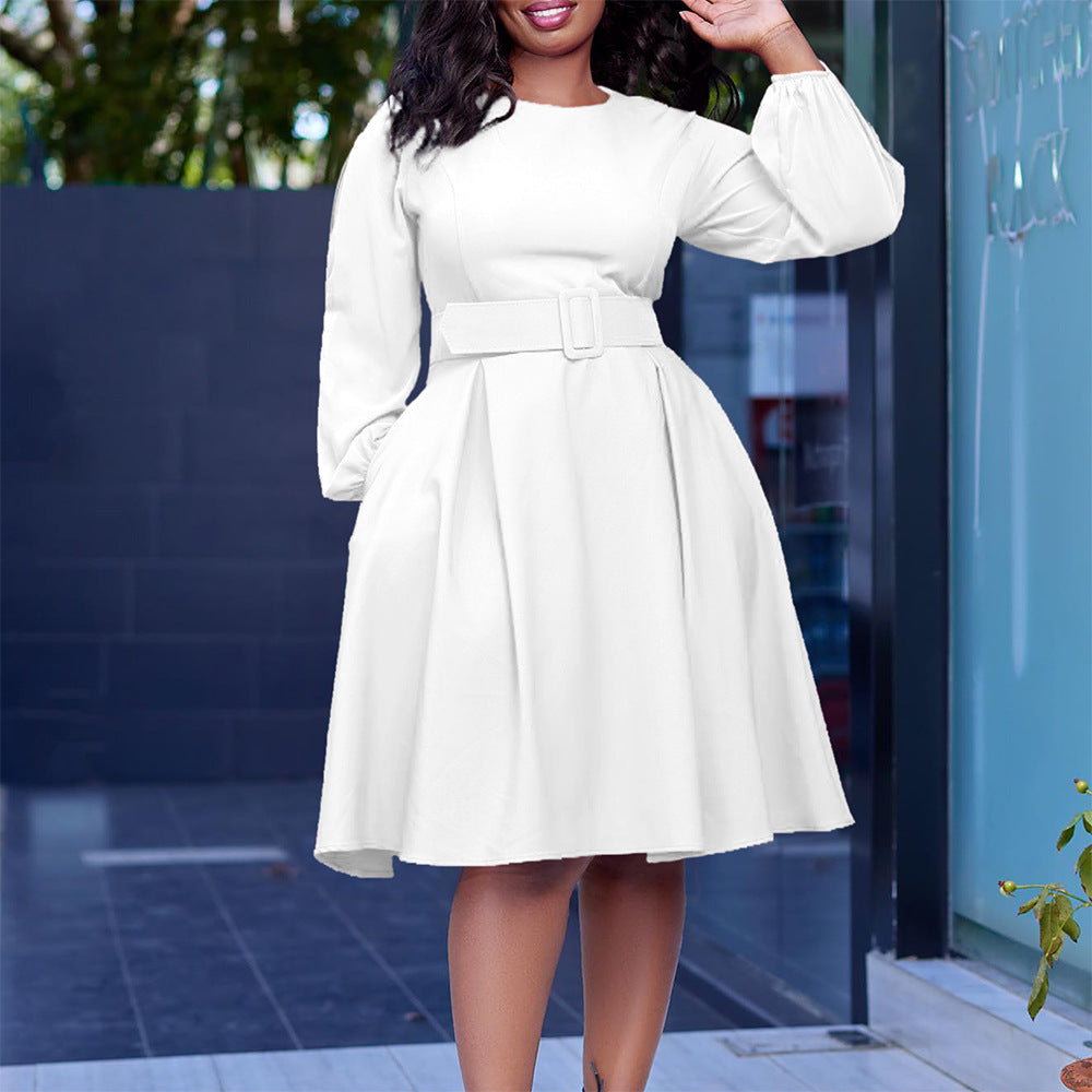Women's Long Sleeve Belted Swing Dress - Elegant High Waist Mid-Length Dress