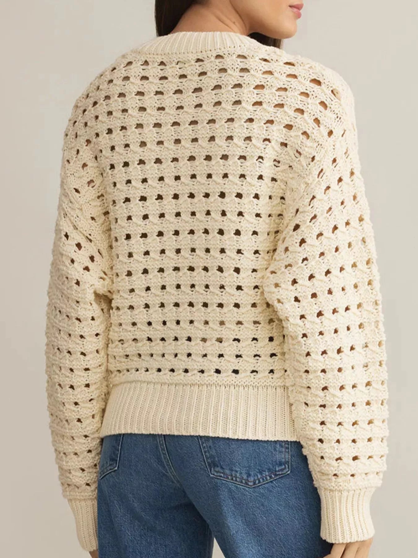 Sarah Express Women's Openwork Zip-Up Cardigan - Beige Acrylic Knit Sweater