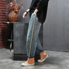 Women's Artsy Side Striped Patchwork Jeans High Waist Casual Denim