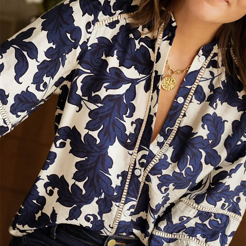 Women's Floral Button Shirt with Lantern Sleeves