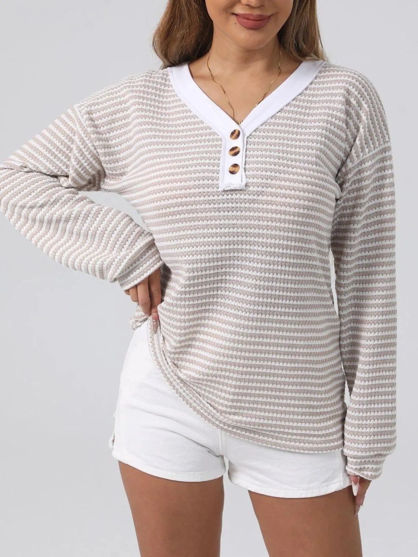 Sarah Express Women's Striped Button Detail Long Sleeve Ribbed Top
