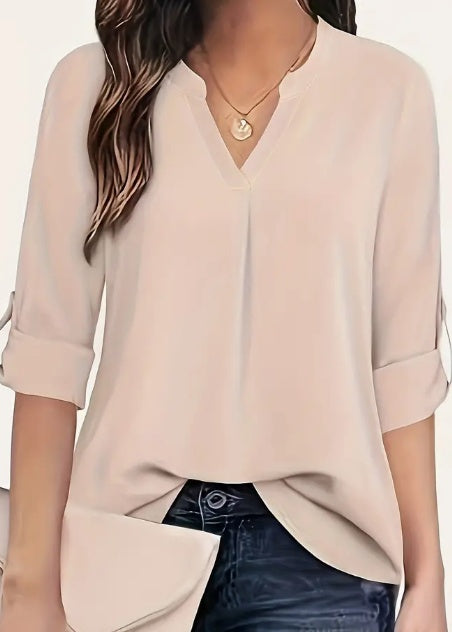 Solid V-Neck Blouse Long Sleeve Relaxed Fit Casual Top
