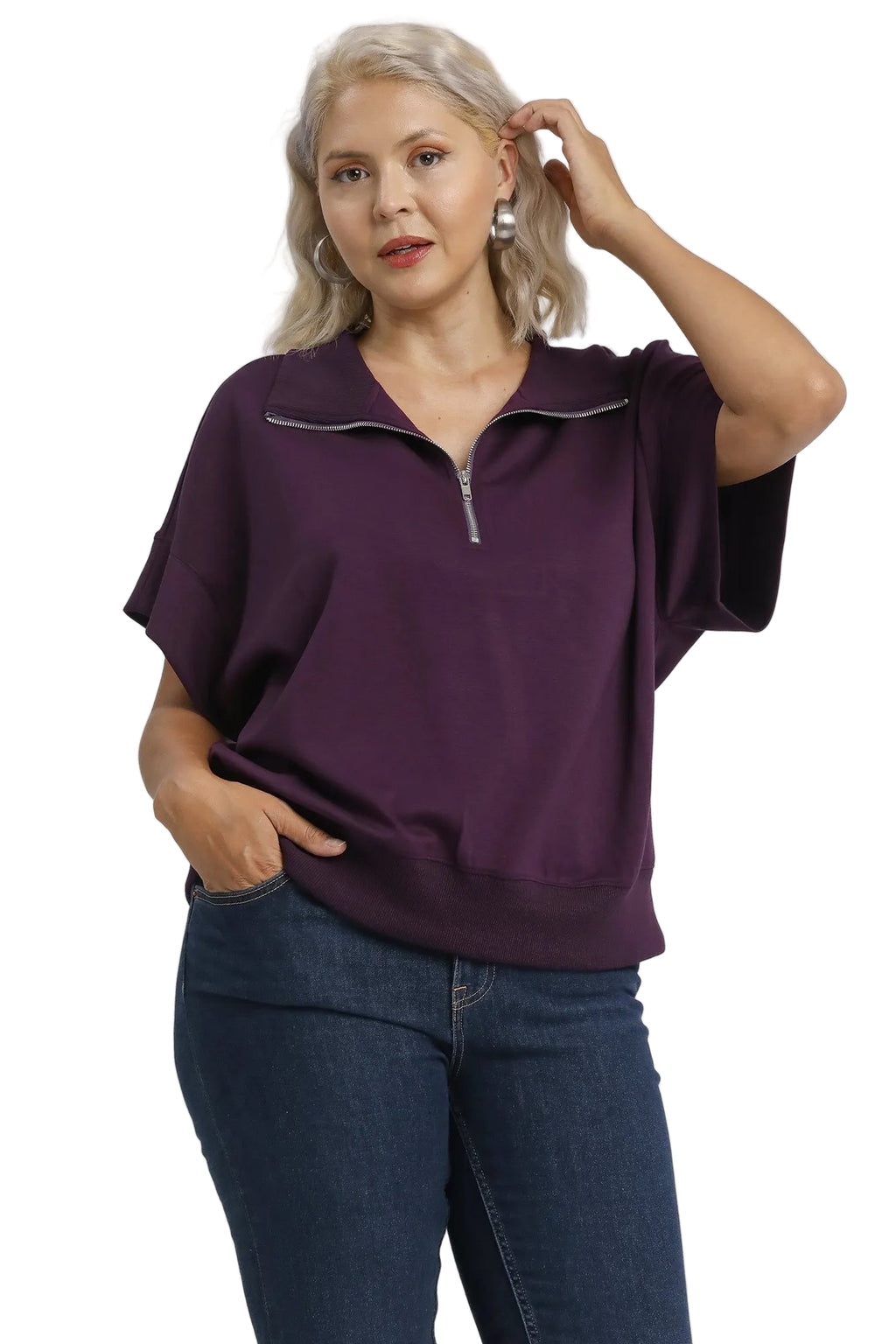  Full Size Half-Zip Short Sleeve Top Plus Size