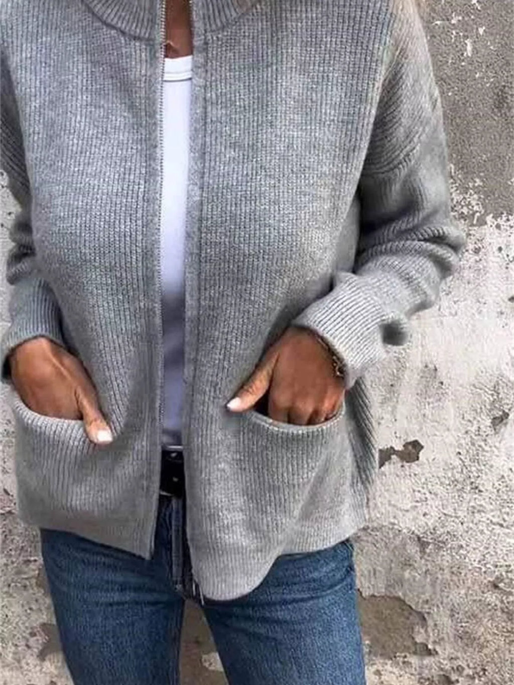 Sarah Express Women's Zip Up Ribbed Knit Cardigan with Front Pockets Plus Size