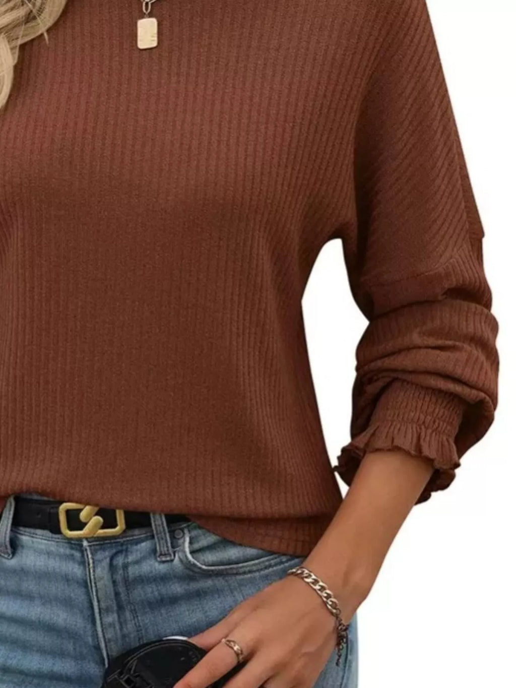 Sarah Express Women's Ribbed Knit Long Sleeve T-Shirt