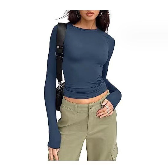 Women's Long Sleeve Pullover Top Round Neck Casual Solid Color Shirt