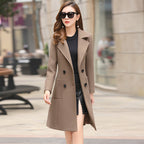 Women's Vintage Windbreaker Knee Length Tweed Coat Double Breasted Long Sleeve