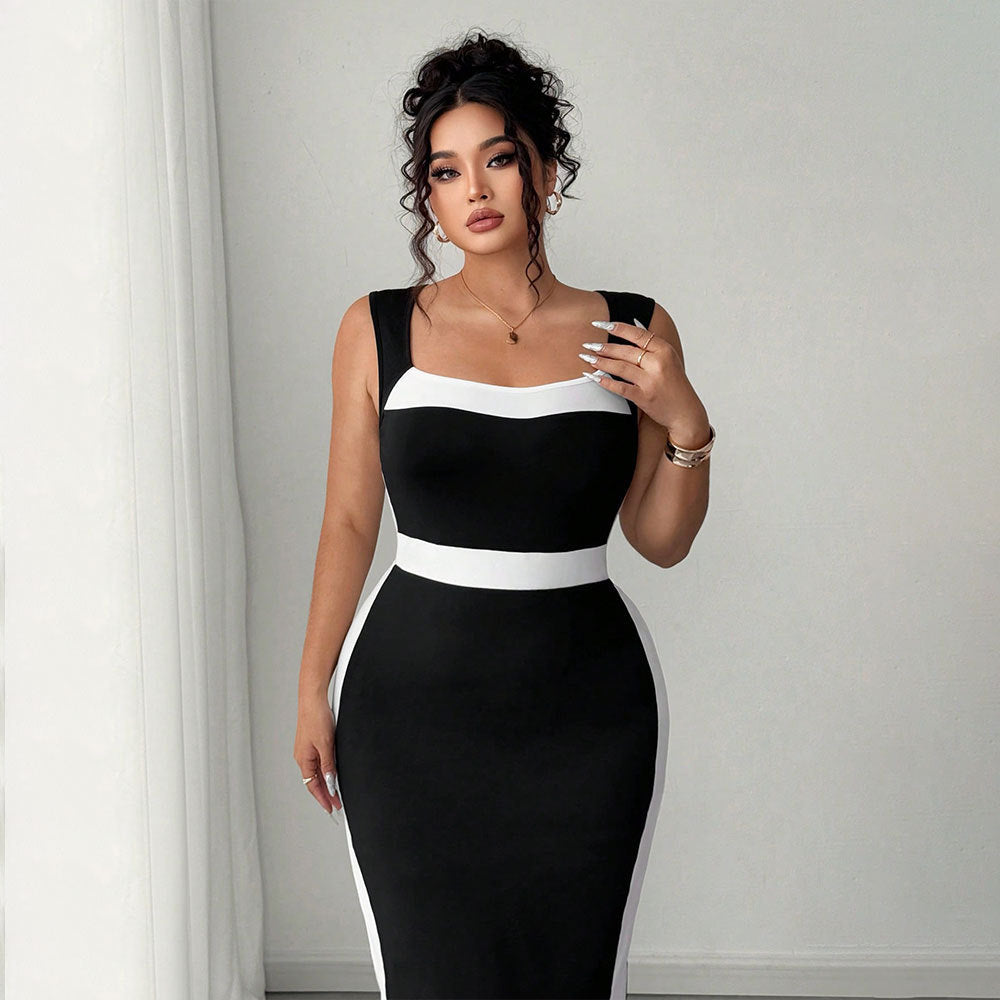 Women's High Waist Sleeveless Contrasting Color Bodycon Midi Dress