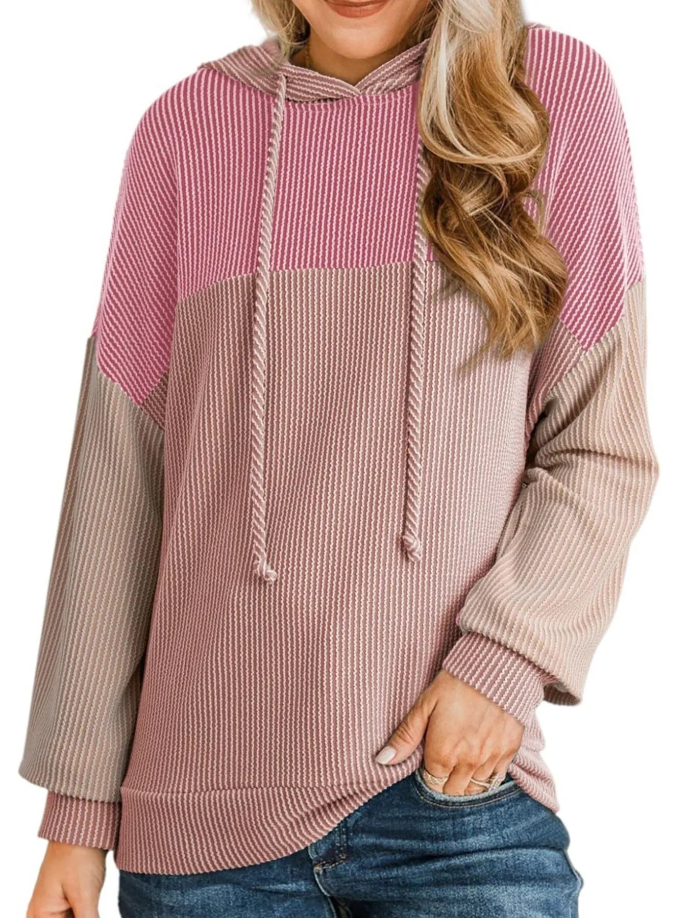 Sarah Express Women's Drawstring Color Block Long Sleeve Hoodie Pink