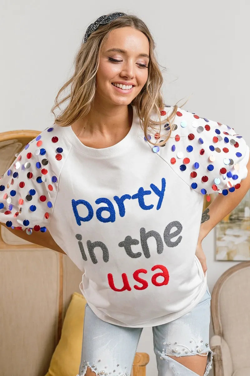 Sarah Express Women’s "Party In The USA" Spangle Puff Sleeve Top