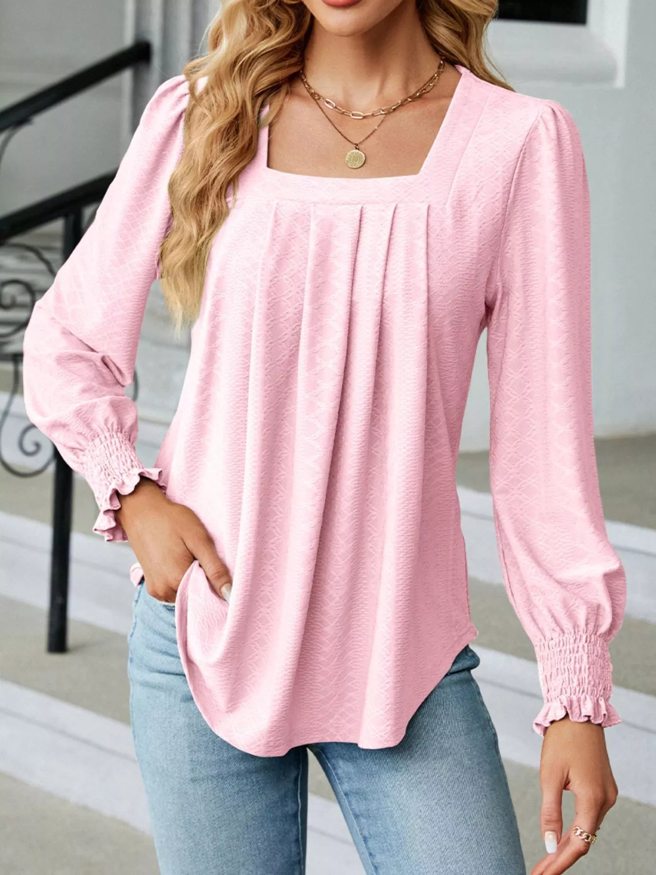 Sarah Express Women's Pleated Square Neck Long Sleeve Top Blush Pink