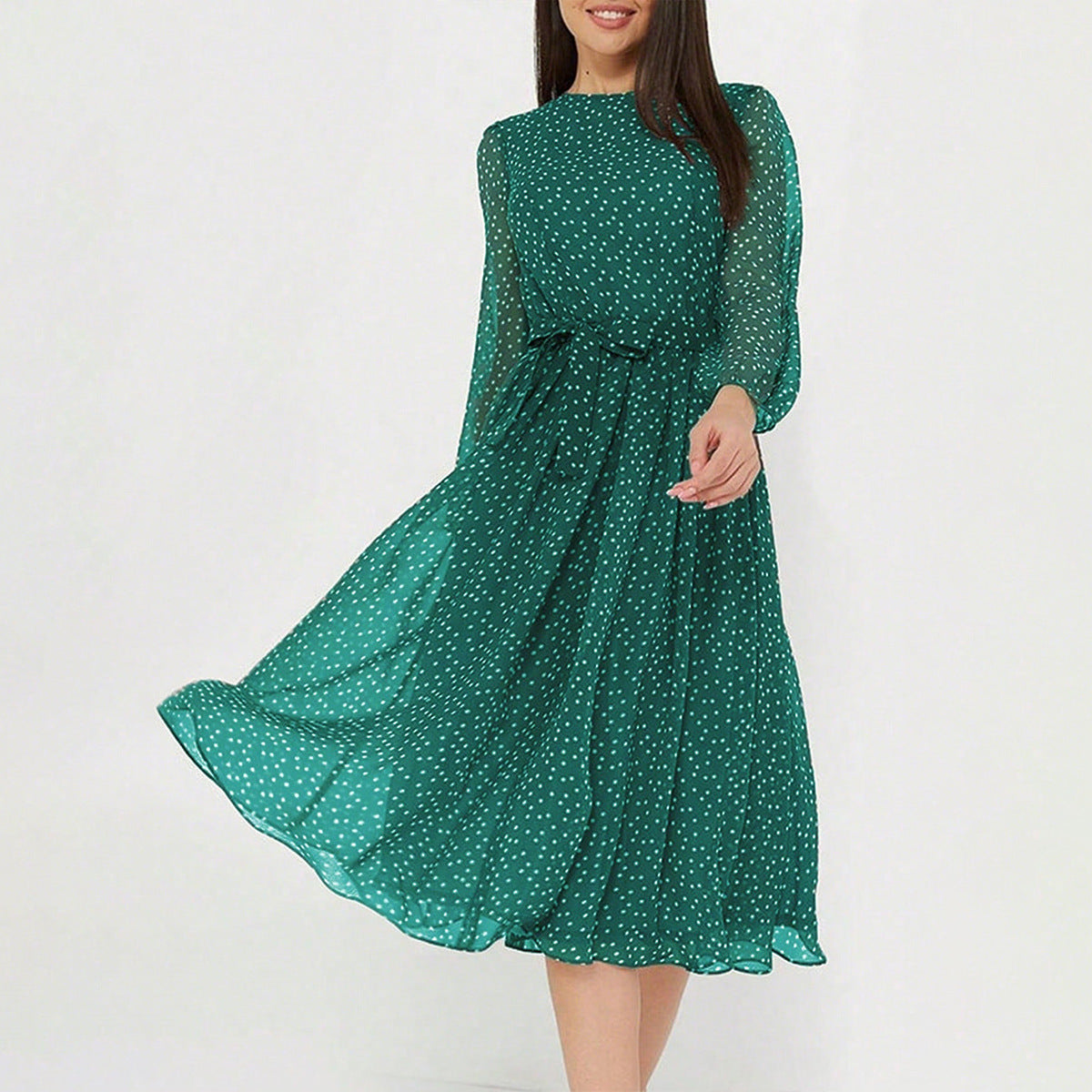 Women's Polka Dot Maxi Dress Long Puff Sleeve High Waist A-Line