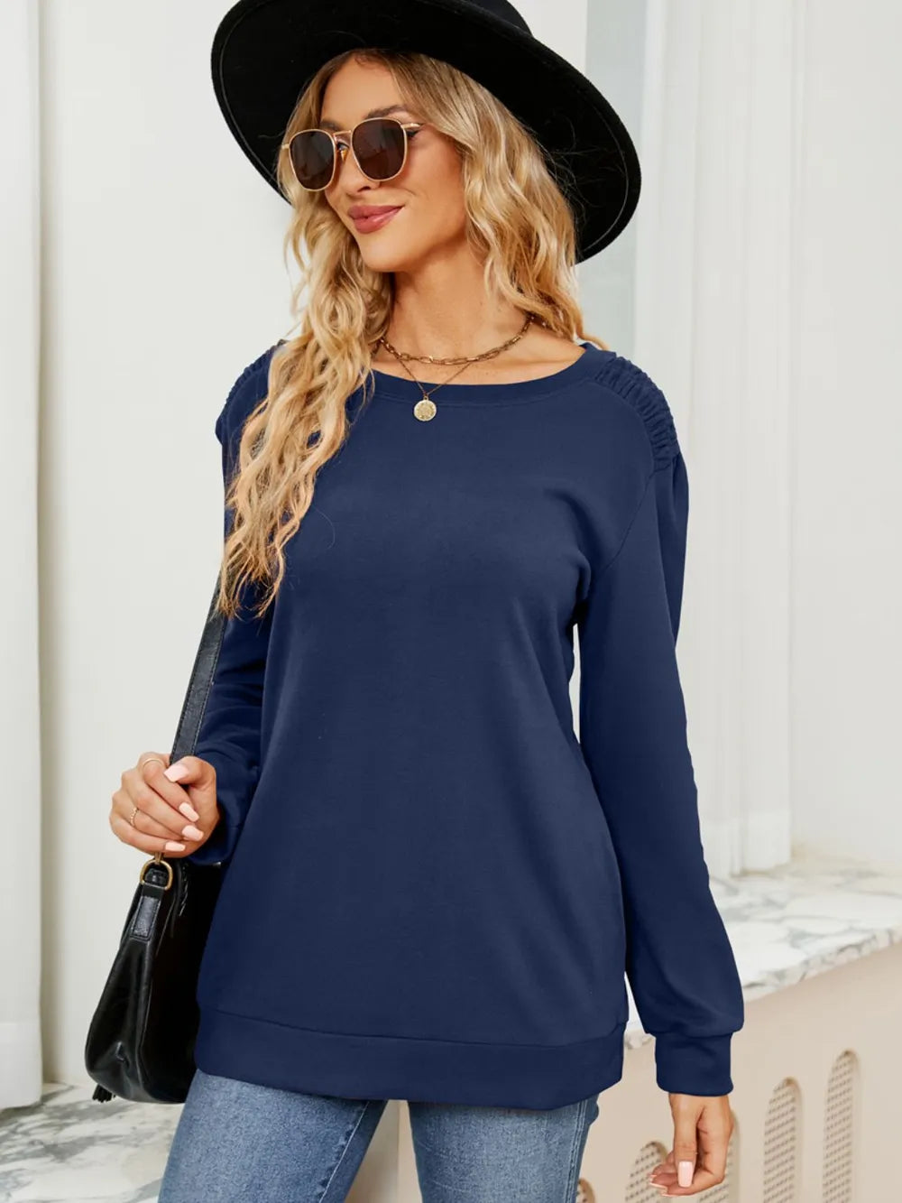 Sarah Express Women's Ruched Shoulder Round Neck Long Sleeve Sweatshirt Dark Blue