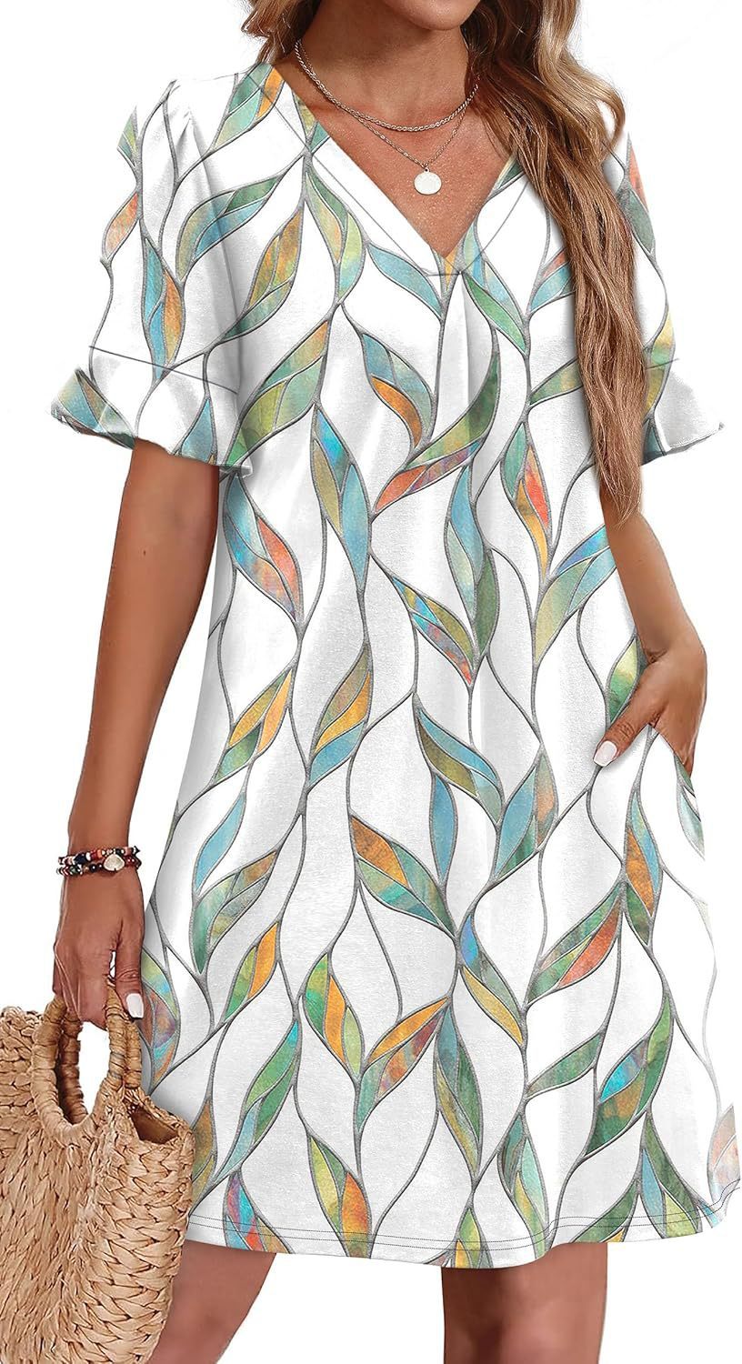 Women's V-Neck Ruffled A-Line Dress with Pockets Vacation Casual Short Sleeve