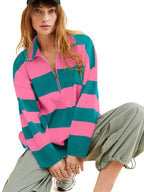 Sarah Express Women's Striped Half-Zip Oversized Sweatshirt - Retro Color Block Pullover