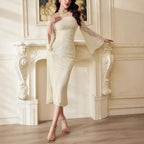 Women's Off Shoulder Lace Midi Dress Bell Sleeve Bodycon Fit