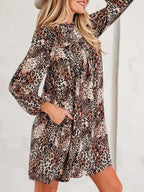 Sarah Express Women's Leopard Ruffled Detail Long Sleeve Loose Mini Dress