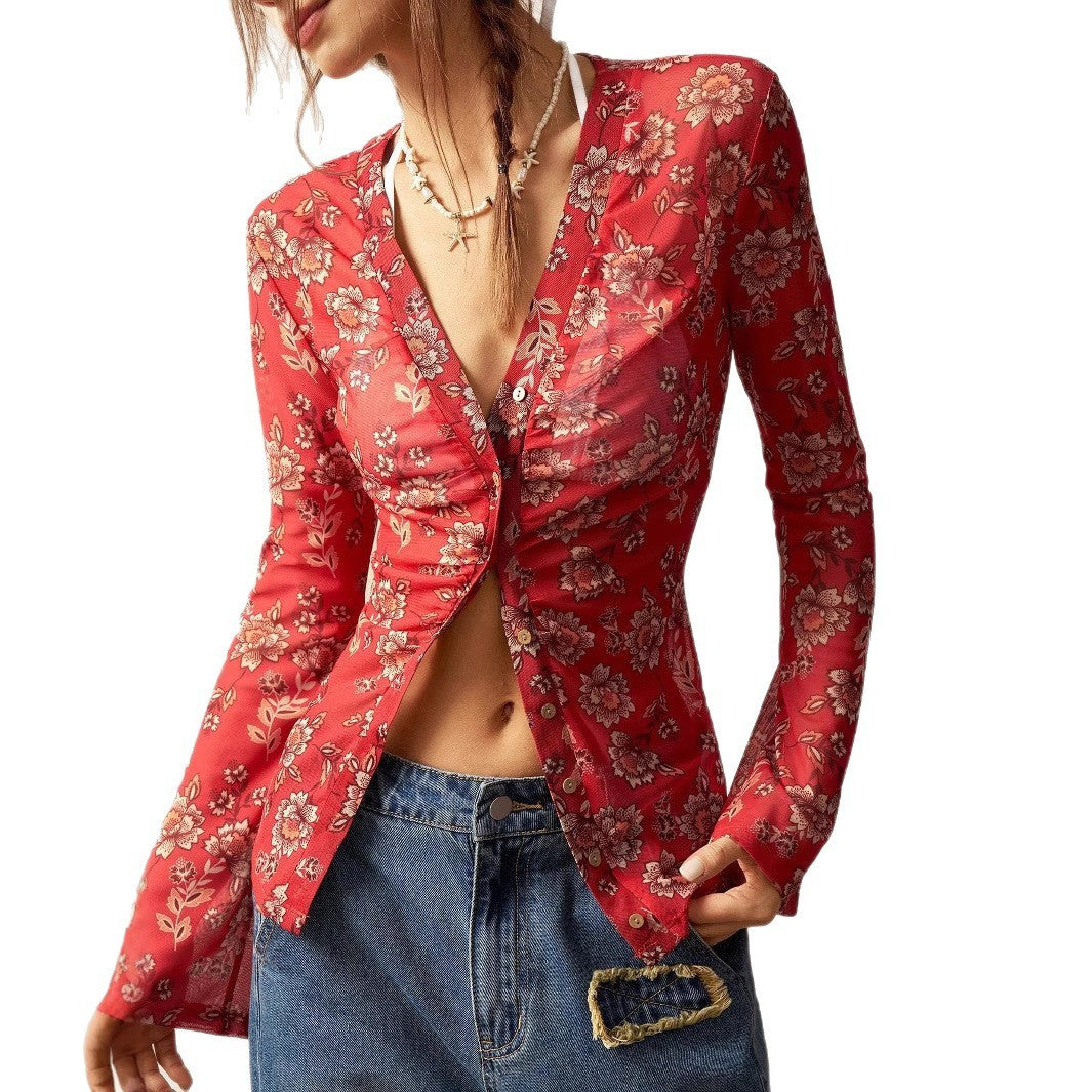Women's Floral Print Long Sleeve Slim Fit Button-Down Cardigan Shirt