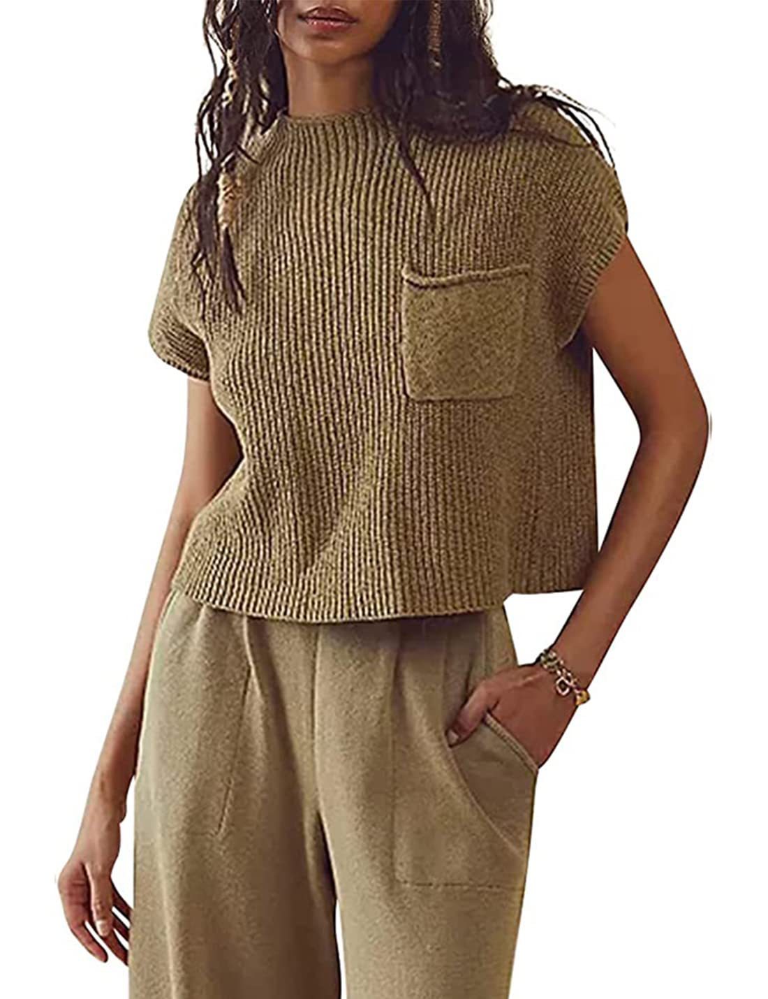 Women's Sleeveless Knit Ribbed Pullover Vest with Pockets