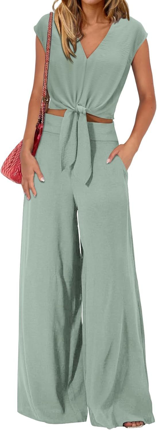 High Waist Wide Leg Pants Suit Two Piece Sleeveless Set