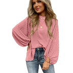 Round Neck Chiffon Blouse Long Sleeve Solid Color Casual Top