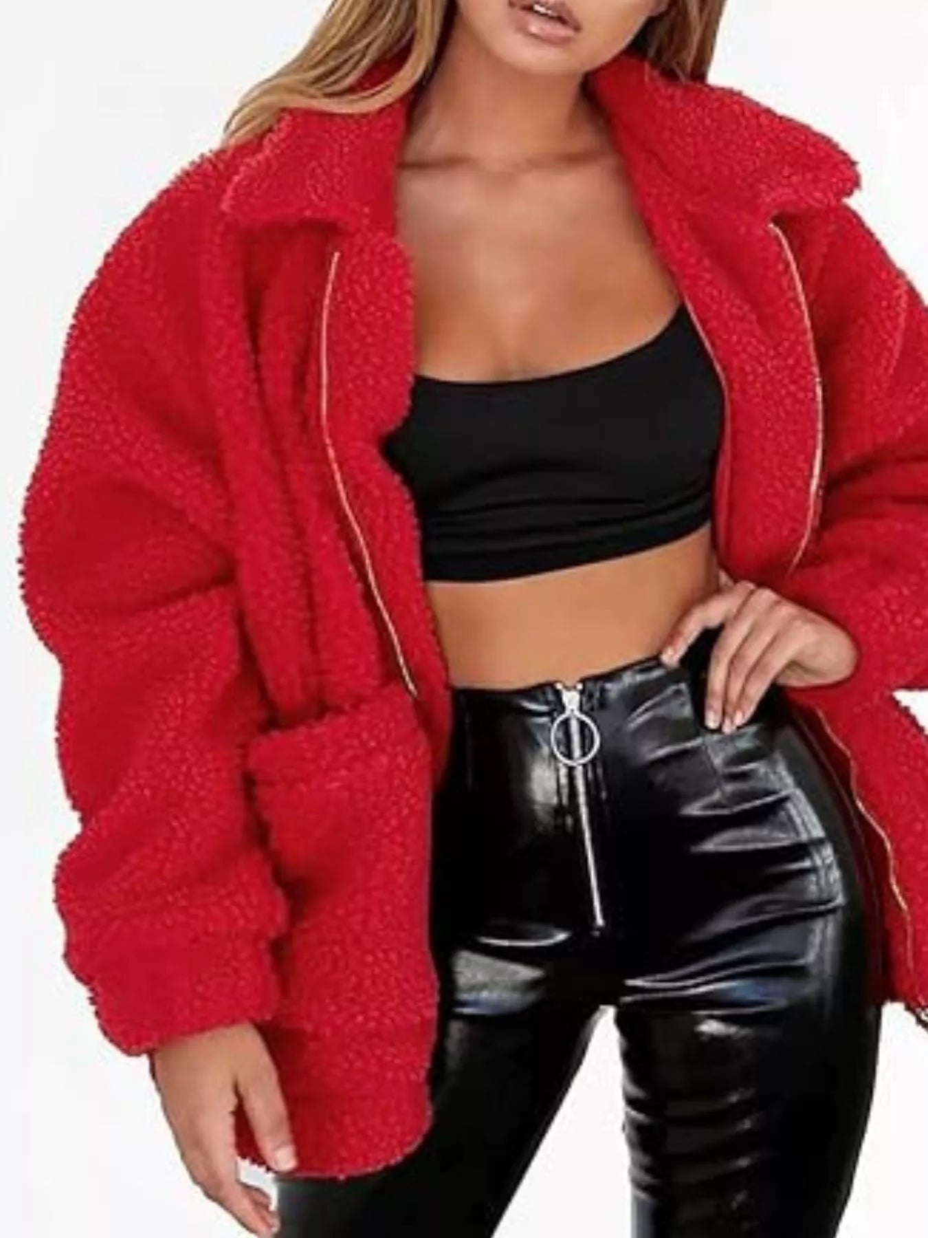 Sarah Express Women's Cozy Fleece Zip Up Jacket Plus Size Deep Red