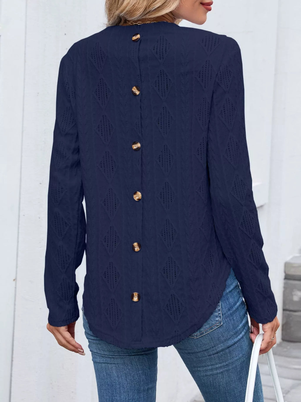 Sarah Express Women's Openwork Textured Long Sleeve Top