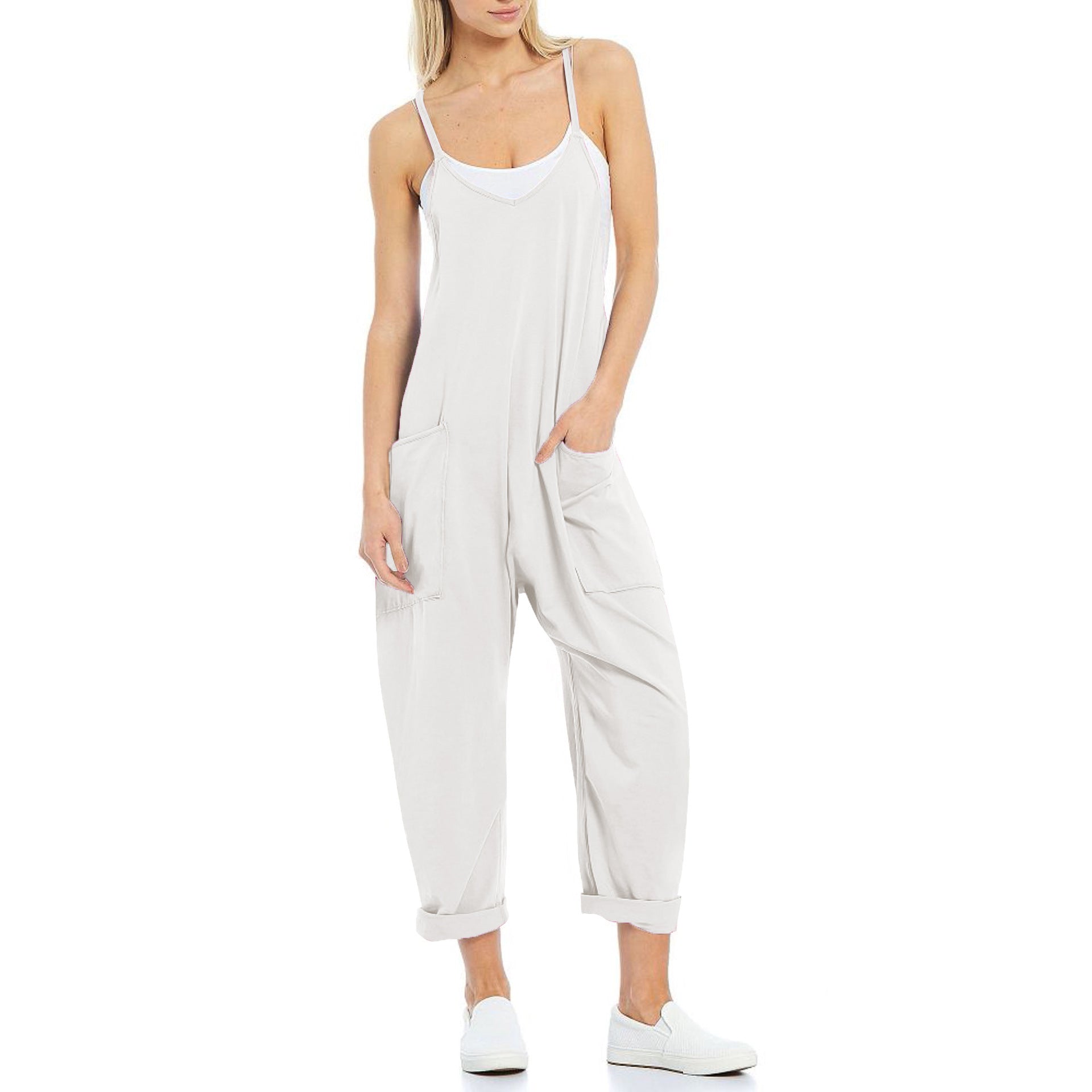 Women's Knitted Spaghetti Strap Jumpsuit - Loose Fit Wide Leg Overalls with Pockets