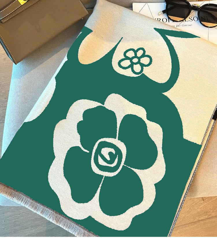 Women's Camellia Jacquard Scarf Imitation Cashmere Black Beige Elegant Winter Wrap