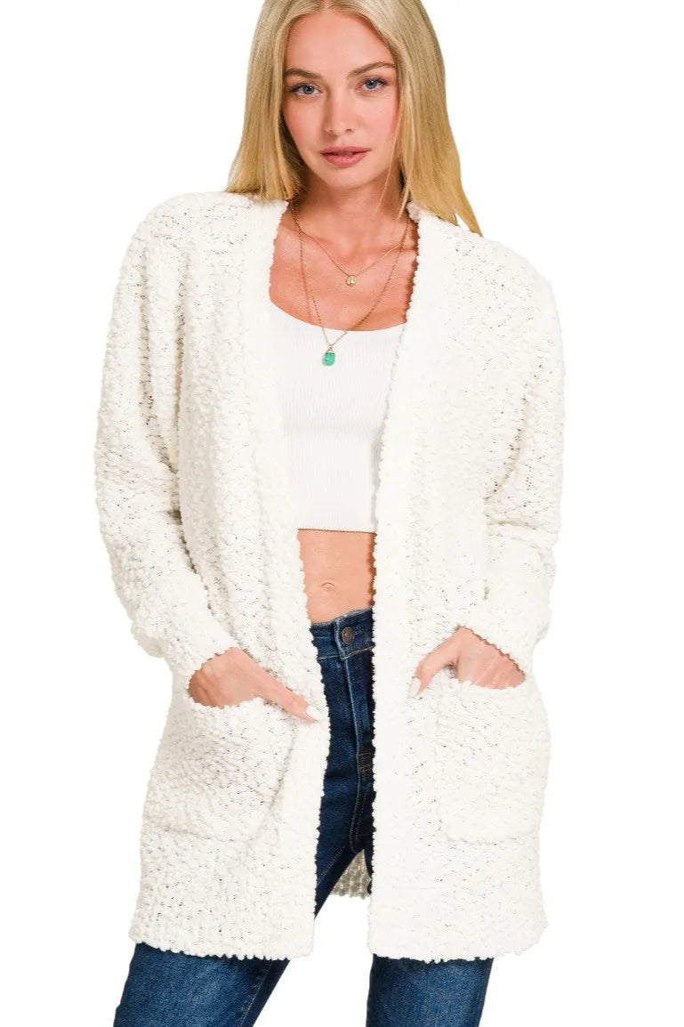  Long Sleeve Popcorn Sweater Cardigan with Pockets