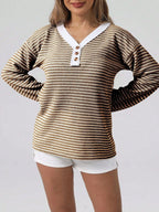 Sarah Express Women's Striped Button Detail Long Sleeve Ribbed Top Coffee Brown