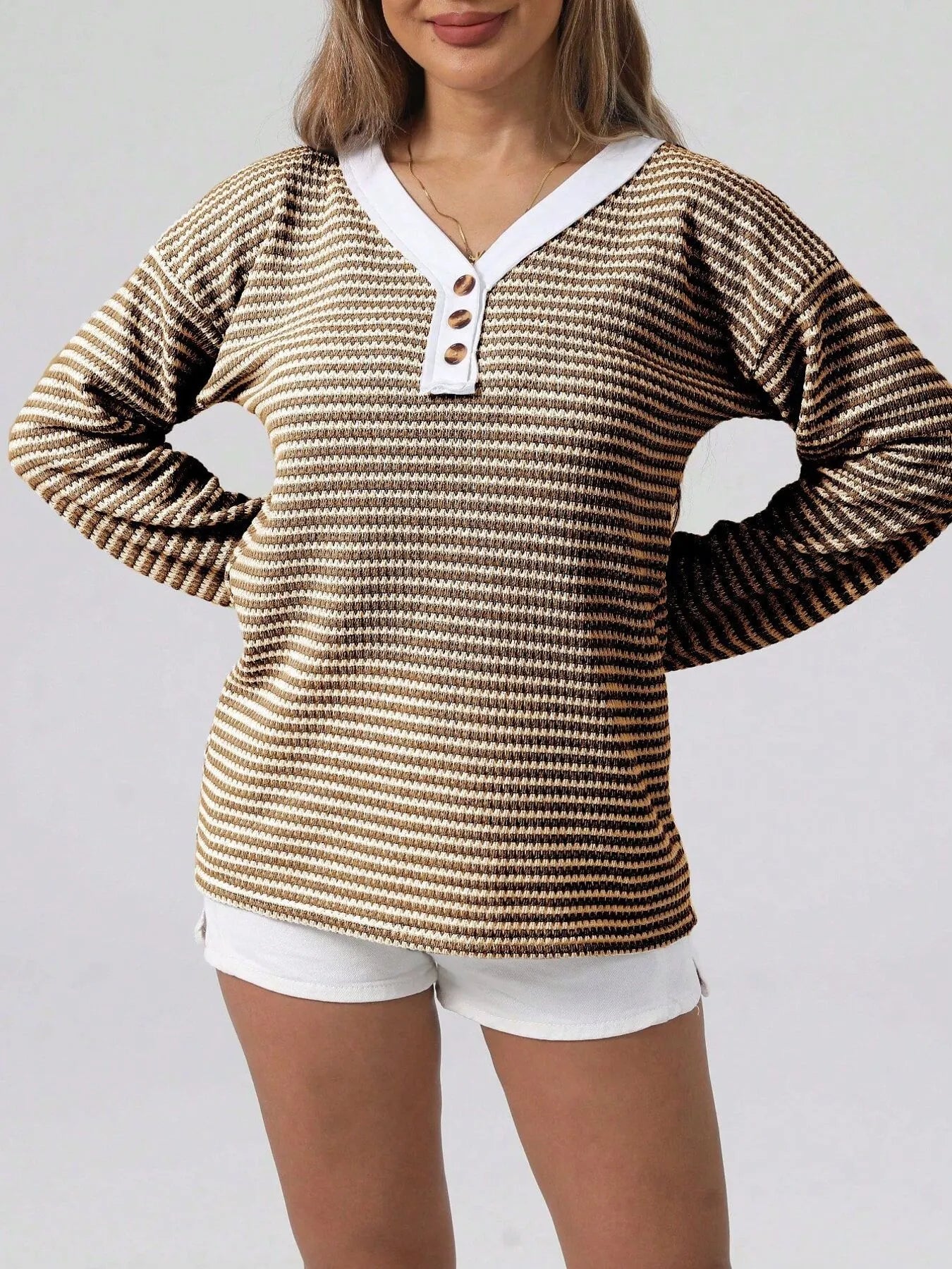 Sarah Express Women's Striped Button Detail Long Sleeve Ribbed Top Coffee Brown