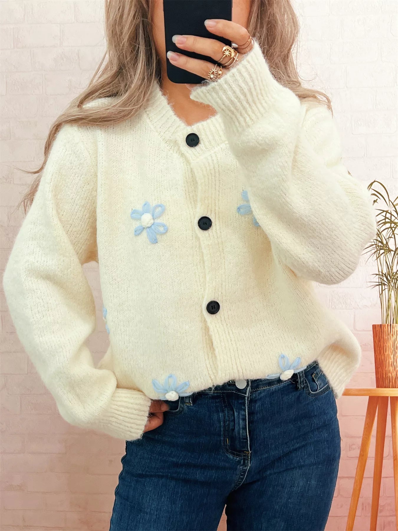 Sarah Express Women's Flower Button-Down Cardigan