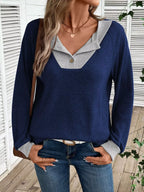 Sarah Express Women's Ribbed Knit Two-Tone Button Front Top